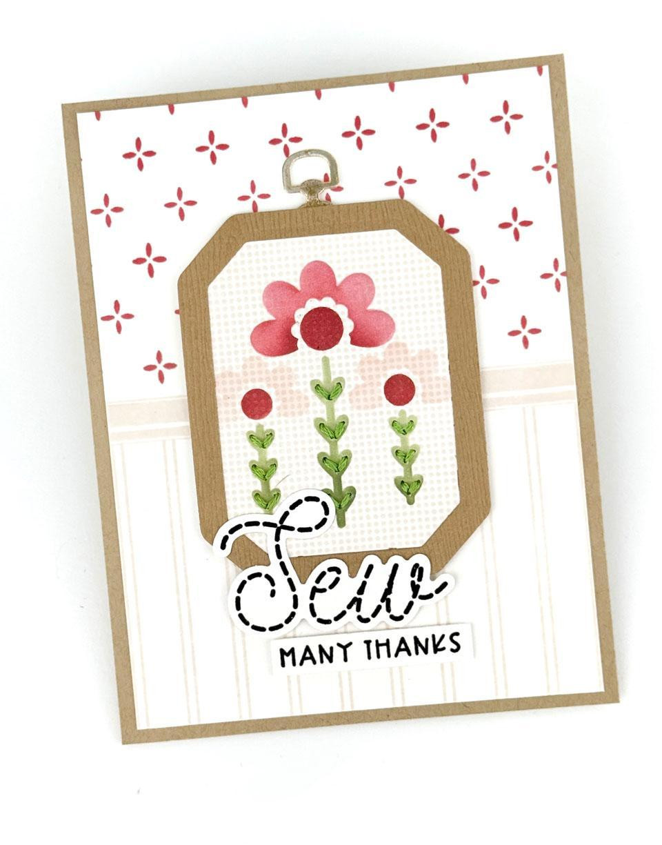 Handmade greeting card with embroidery hoop on it and sew many thanks sentiment on it.